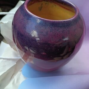 Handmade Round Ceramic Vase in Deep Plum and Yellow Interior